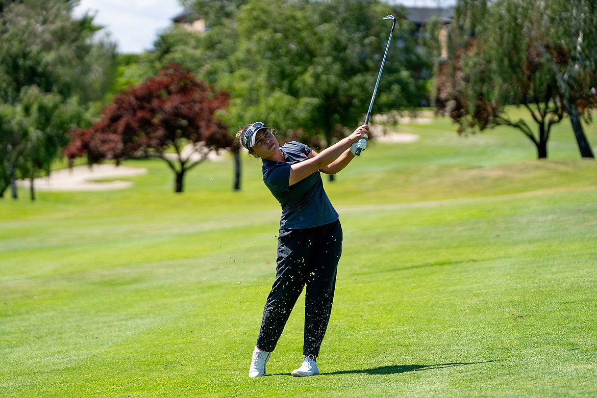 NIC ATHLETICS
North Idaho College sophomore Laila Jalil hits a shot on the ninth hole at Apple Tree Golf Course in Yakima, Wash., on Monday, in the final round of the Northwest Athletic Conference golf championships. Jalil finished third.