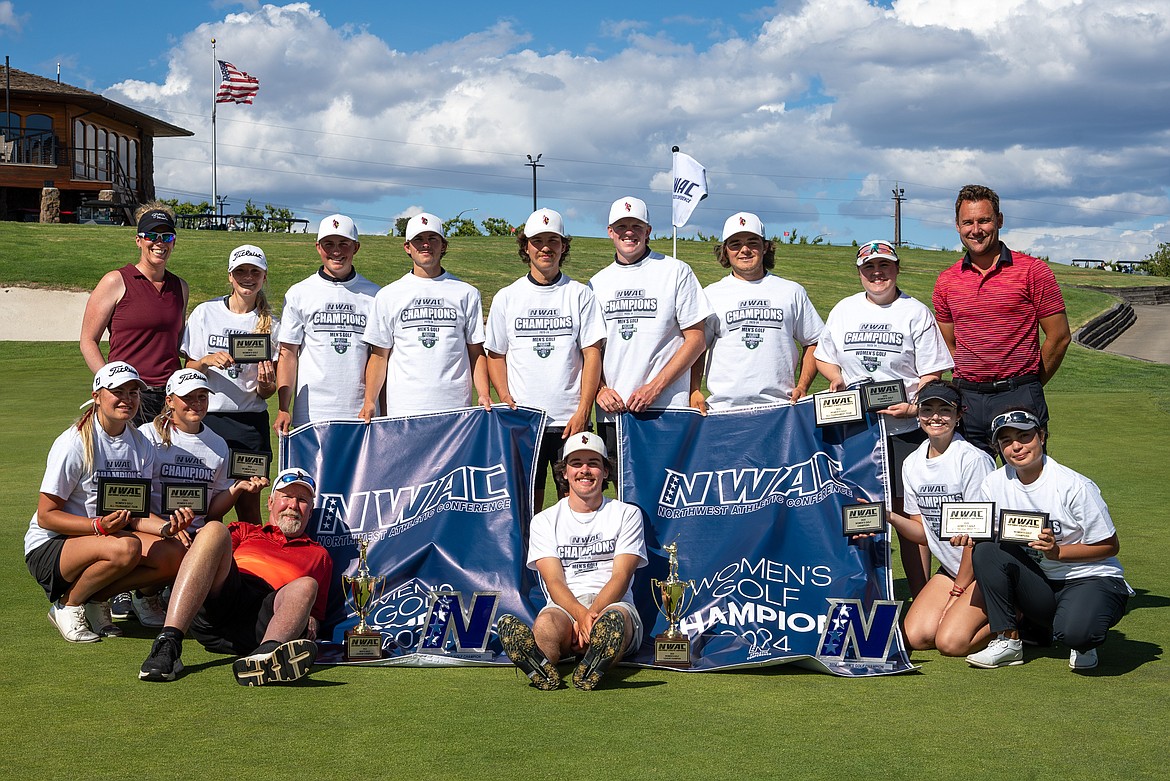 NIC ATHLETICS
North Idaho College men's and women's golf teams celebrate after each were victorious at the Northwest Athletic Conference championships Monday at Apple Tree Golf Course in Yakima, Wash. In the front row from left are Ava Young, Megan Quinton, assistant coach Russ Grove, Josh McCartain, Lauryn Bulger and Laila Jalil; and back row from left, assistant coach Brittany Pounds, Rien Solodan, Dyson Lish, Spence Matson, Jarett Giles, Quinn Abbott, Charlie Terwilliger, Sofia Lippiello and head coach Russell Grove.