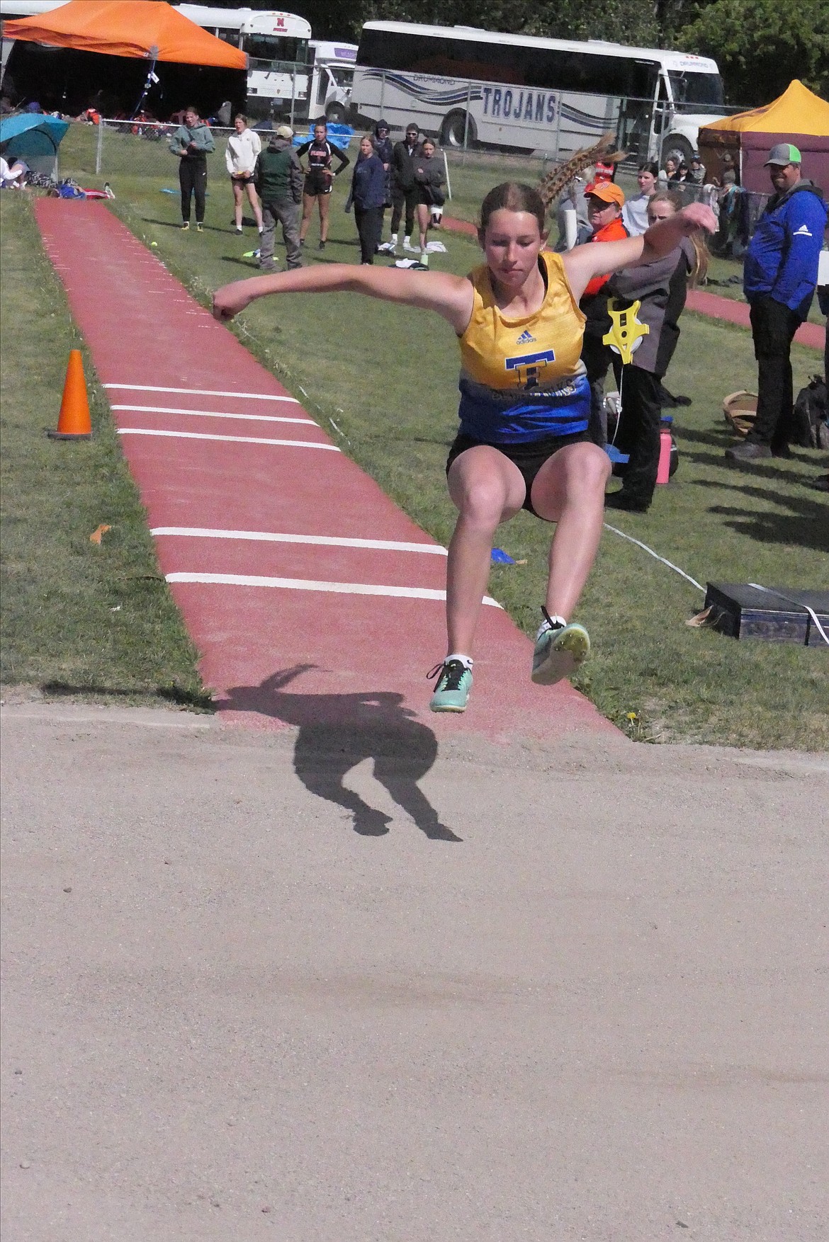 Thompson Falls triple jumper Aubrey Baxter flies through the area during a jumping event this past Saturday at the Western Divisional B track and field meet at Missoula County Public Stadium.  (Chuck Bandel/VP-MI)