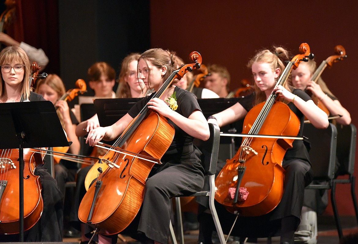 Cellists Ella Walker, Elennah Wynn and Johanna Perkins at the Whitefish High School's Spring Orchestra Concert May 14, 2024. (Julie Engler/Whitefish Pilot)