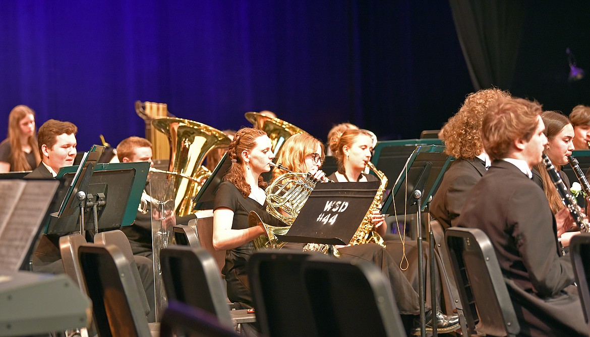 Kira Raines plays French horn at the Whitefish High School's Spring Orchestra Concert May 14, 2024. (Julie Engler/Whitefish Pilot)