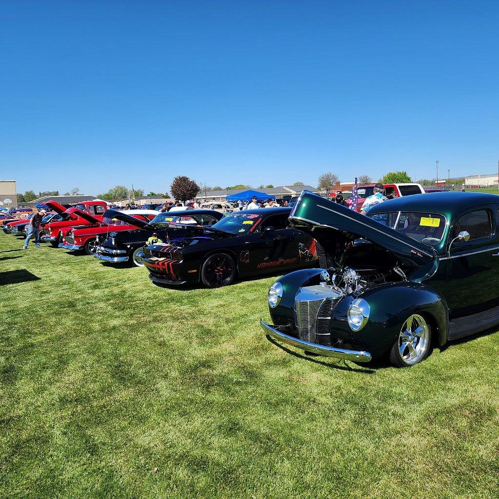 Cars lined up on display at a car show in Sunnyside in April. The Moses Lake Classic Car Club participates in shows and cruises all over the region.