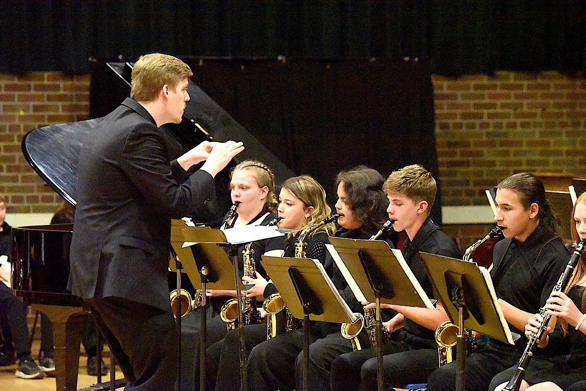 Libby Middle High School band director Brandon Boone directs the jazz band at the Spring Band Concert Monday, May 20, 2024, at the Memorial Center. (Scott Shindledecker/The Western News)