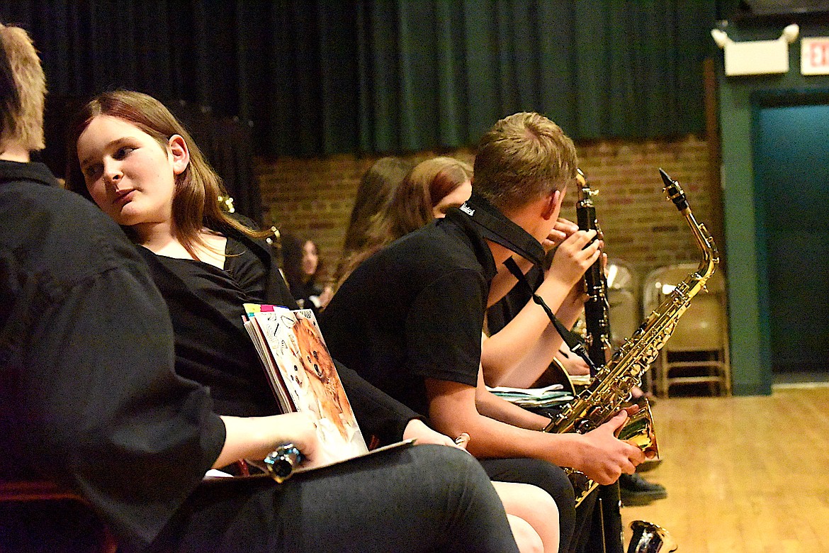 Some performers, including Angelina Escudero, with Libby Middle High School band wait their turn at the Spring Band Concert Monday, May 20, 2024, at the Memorial Center. (Scott Shindledecker/The Western News)
