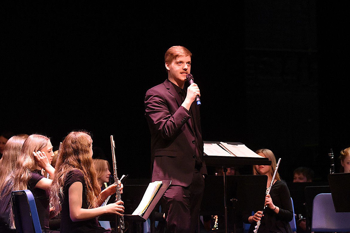 Libby Middle High School band director Brandon Boone speaks to the audience at the Spring Band Concert Monday, May 20, 2024, at the Memorial Center. (Scott Shindledecker/The Western News)