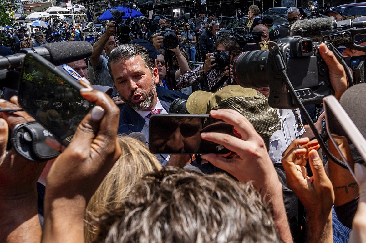 Donald Trump Jr. speaks outside Manhattan criminal court, Tuesday, May 21, 2024, in New York. (AP Photo/Julia Nikhinson)