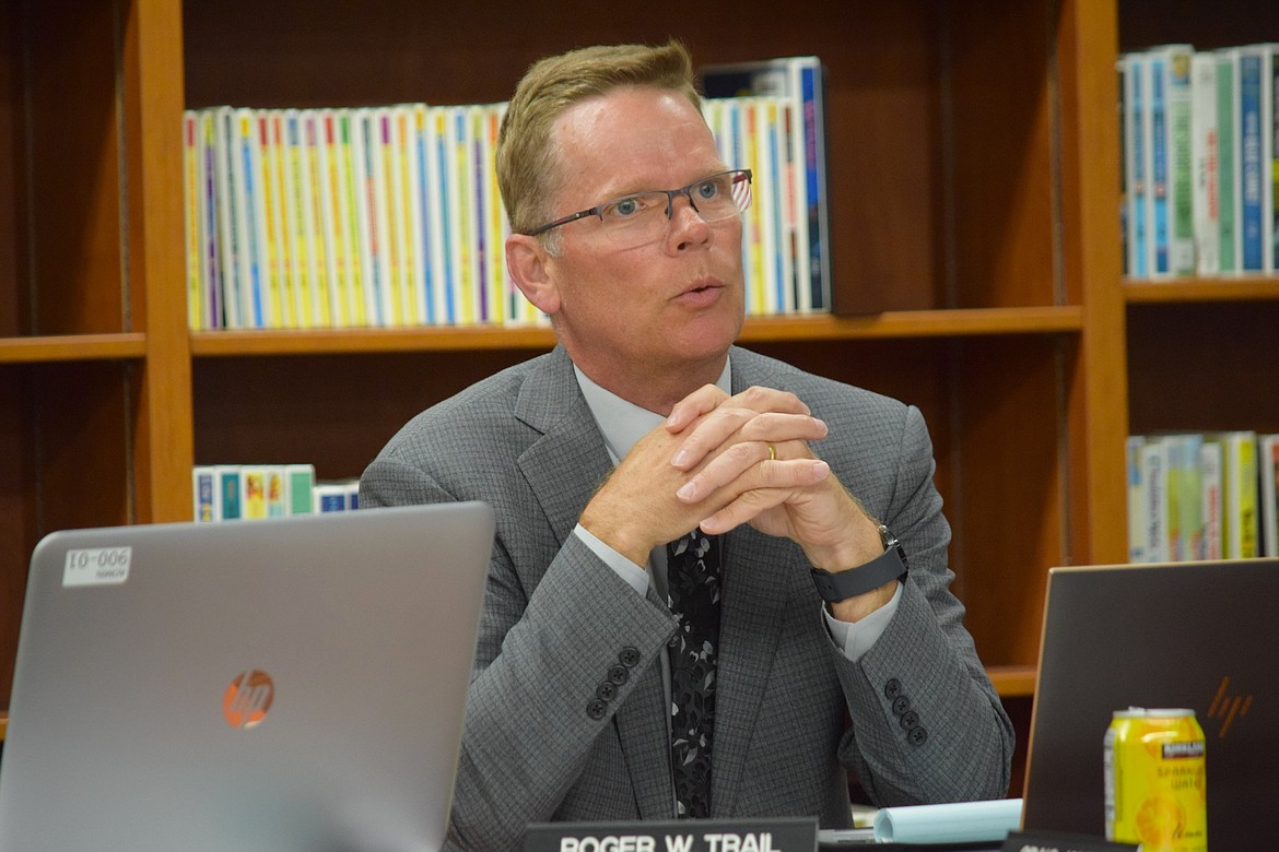 Royal School District Superintendent Roger Trail speaks during Monday evening’s board meeting at Royal Intermediate School. Trail updated the board on district staffing and budget issues.