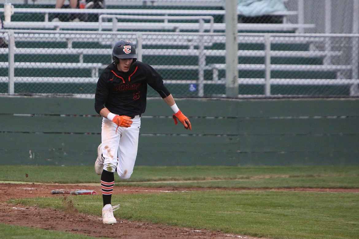 Ephrata senior Hans Roberts dashes toward first base during a doubleheader against East Valley (Yakima) on March 22. The Tigers finished fifth in the CWAC baseball standings this spring, posting a 10-13 overall record.