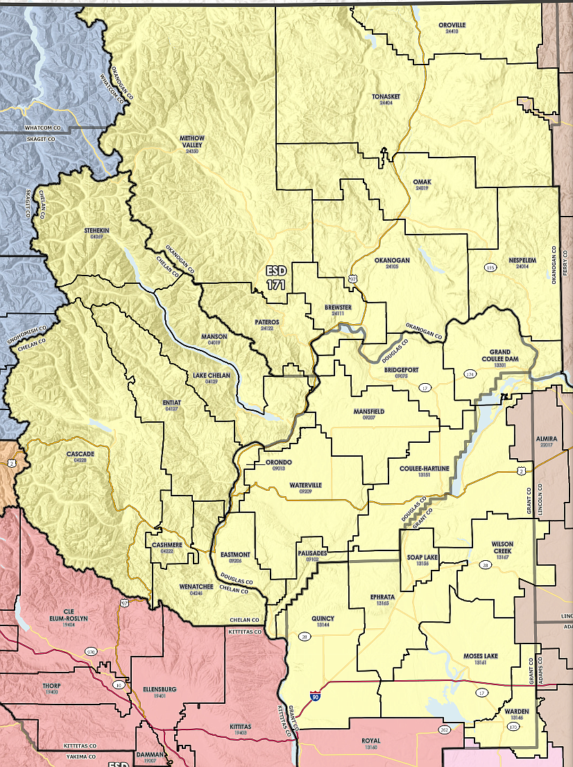 Highlighted in yellow is the area Washington’s North Central Educational Service District services 29 different school districts across four different counties.