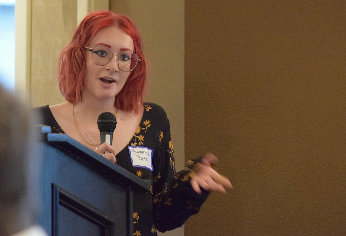 Scholarship recipient Savannah Rae Betz talks to the crowd after receiving her scholarship at Tuesday’s Rotary Scholarship Foundation Awards Banquet.