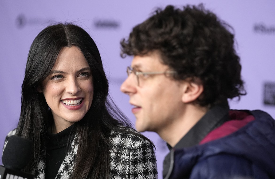 Riley Keough, left, and Jesse Eisenberg, cast members in "Sasquatch Sunset," are interviewed together Jan. 19 at the premiere of the film at Eccles Theatre during the 2024 Sundance Film Festival in Park City, Utah.