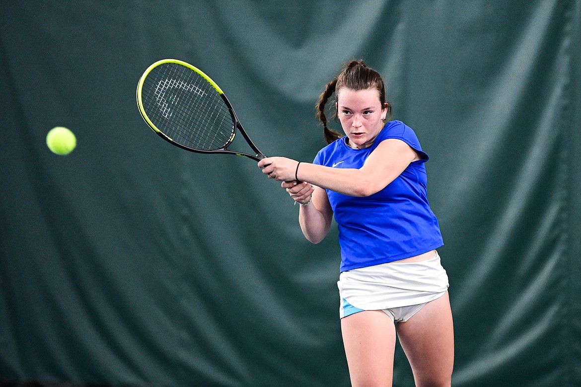 Bigfork's Tessa Troyer hits a return in a girls singles match against Corvallis' Dakota Powell at the Class A State Tennis Tournament at Logan Health Medical Fitness Center on Thursday, May 13. (Casey Kreider/Daily Inter Lake)