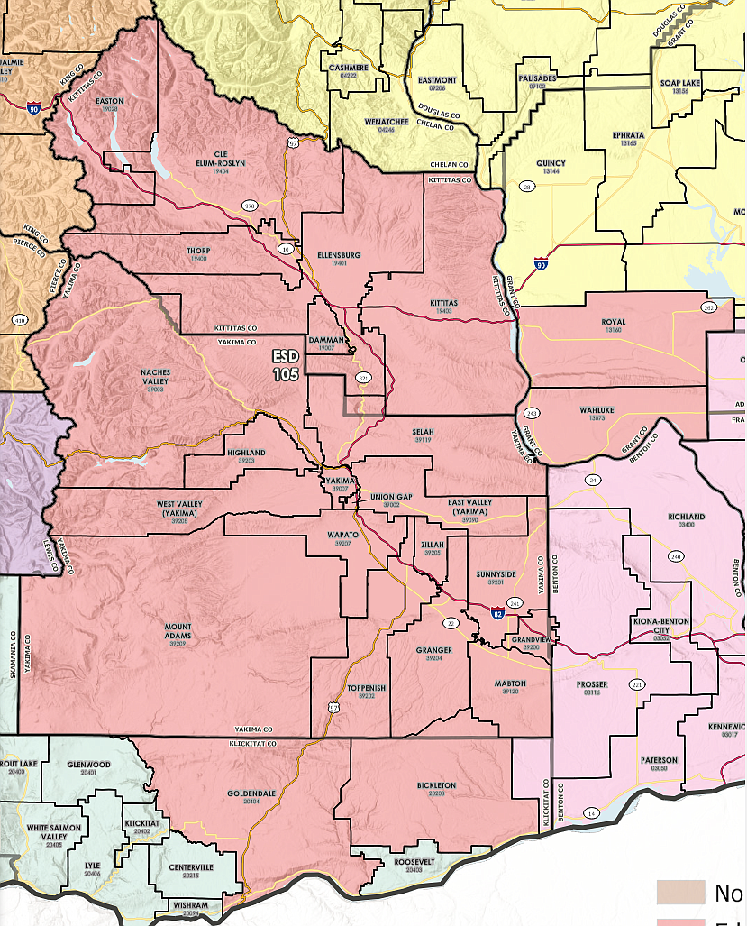 Highlighted in red is the region Educational Service District 105 services, including Kittitas, Yakima and portions of Klickitat and Grant County and the 25 school districts ESD 105 supports.