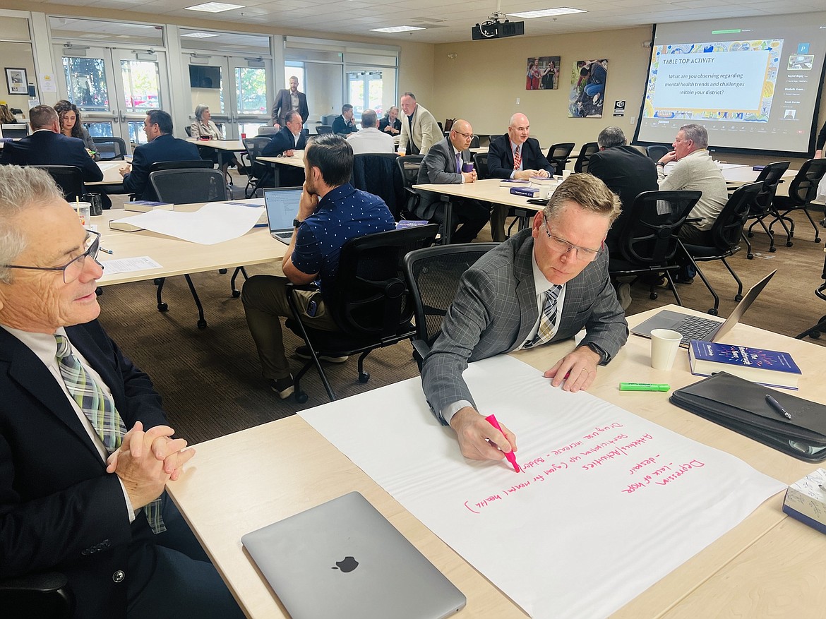Royal School District Superintendent Roger Trail, right, participates in a recent monthly meeting between superintendents in Educational Service District 105’s region of central Washington.