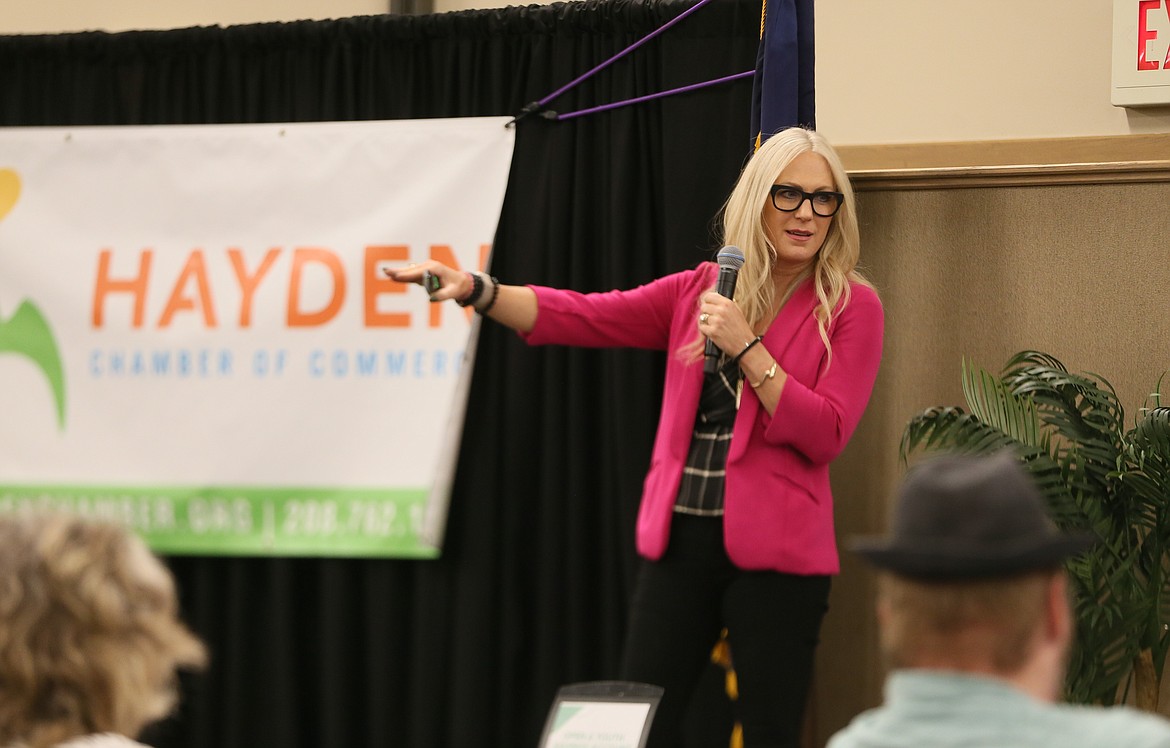 Windermere Coeur d'Alene Realty managing broker, co-owner and Realtor Jennifer Smock discusses how interest rates are keeping median home sale prices flat as she delivers a real estate forecast Thursday during the Hayden Chamber of Commerce's Networking, Business and Connections luncheon in Coeur d'Alene.