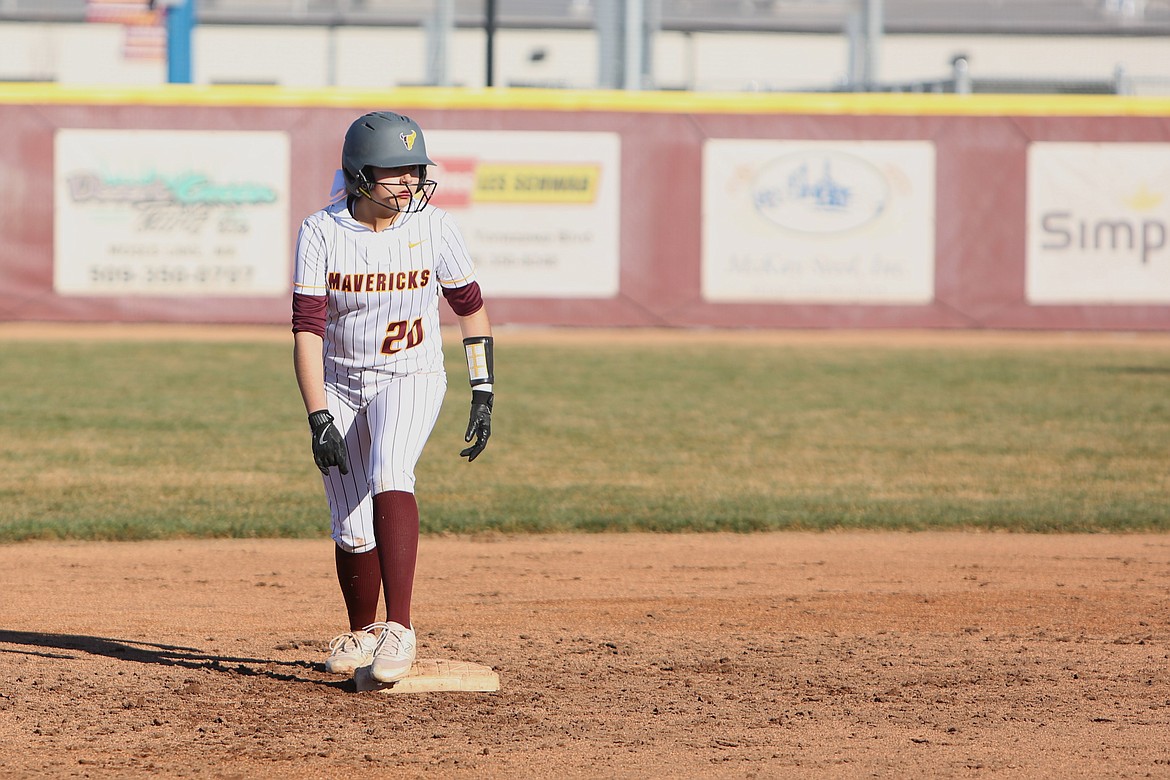 Moses Lake sophomore Alina Lopez stands on second base during the Mavericks’ season opener against Mount Spokane. Moses Lake, the No. 8 seed in the 4A State Softball Tournament, takes on No. 9 Emerald Ridge in the first round on Friday.