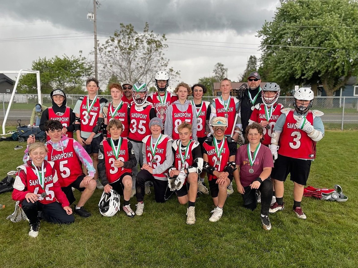 The Sandpoint White and some of the Red Cutthroats (seventh-eighth grade) pose for a team photo after Sandpoint's white team won the silver bracket at the CDA Classic this past weekend. The boys went 4-1 in order to take home the title, defeating Helena Huskies Purple (3-2), NWLax Green (9-2), Helena Huskies Purple (6-3), and NWLax Green (8-1) to win the the championship. This is believed to be the first time a Cutthroats team has ever won a tournament. Pictured, back row, from left, are Noah Hagstrom (red team), Trevor Skon, Liam Bowen, head coach Tim Cross, Blake McGrann, Coen Houtrouw , Russell Ehredt (red team), Trenton Cross, Justice Manske, assistant coach Owen Manske, Ryder Waud, and Caiden Anthony. Front row, from left, are Tyler Woods, Hobbes Conley (red team), Yosi Vick, Zack Woods, Jason Symons, Jackson Lankamer, and Jaxson McElroy. Not pictured, assistant coach Chris Waud.