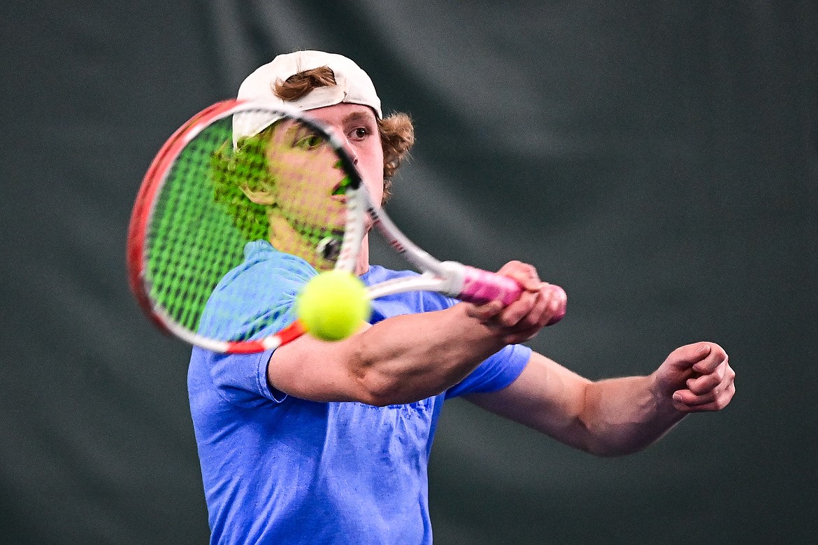 Libby's Ryan Beagle hits a return against Hamilton's Ryan Purcell at the Class A State Tennis Tournament at Logan Health Medical Fitness Center on Friday, May 24. (Casey Kreider/Daily Inter Lake)