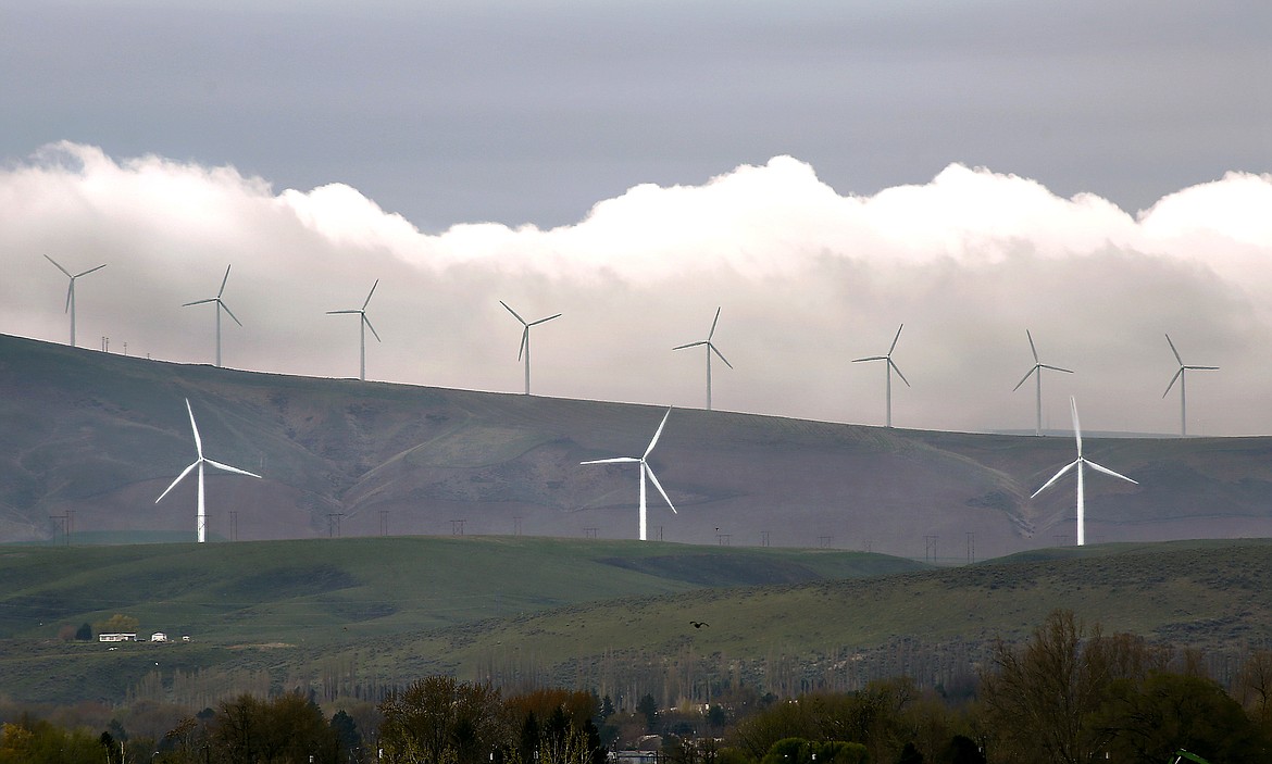 Wind turbines are seen on April 16, 2019, south of Kennewick, Wash. Washington Gov. Jay Inslee on Thursday, May 23, 2024, rejected a recommendation to cut a proposal for what would be the state's largest wind farm in half, giving new life to the $1.7 billion project. (Bob Brawdy/The Tri-City Herald via AP, File)