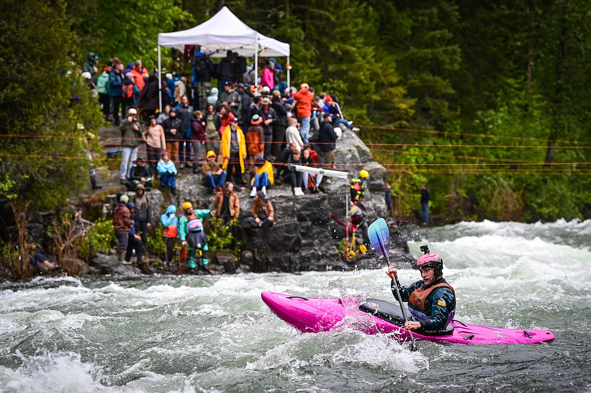 Kayakers navigate a section of the Wild Mile on the Swan River during the Expert Slalom event at the Bigfork Whitewater Festival on Saturday, May 25. (Casey Kreider/Daily Inter Lake)