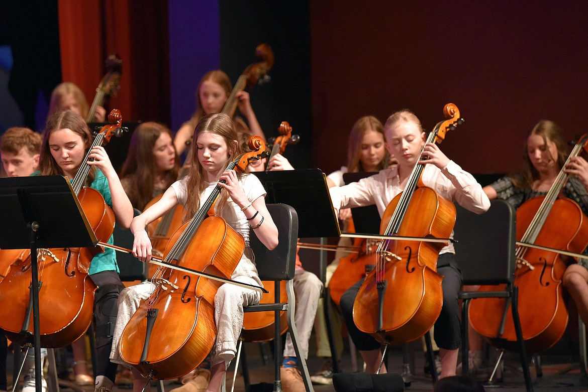 6th grade cellists, from left to right, Anna Brooke McKay, Maryn Meigs, Elsie Snipes and Marley Mohler at the Whitefish Middle School Orchestra concert last Thursday. (Kelsey Evans/Whitefish Pilot)