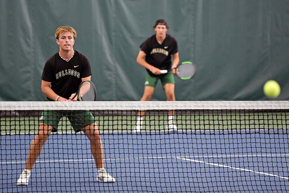 In the boys doubles state tournament, Whitefish’s Mason Kelch and Dane Hunt grabbed a victory in the third place match after dropping their semifinal to the eventual champions from Billings Central. (Kelsey Evans/Whitefish Pilot)