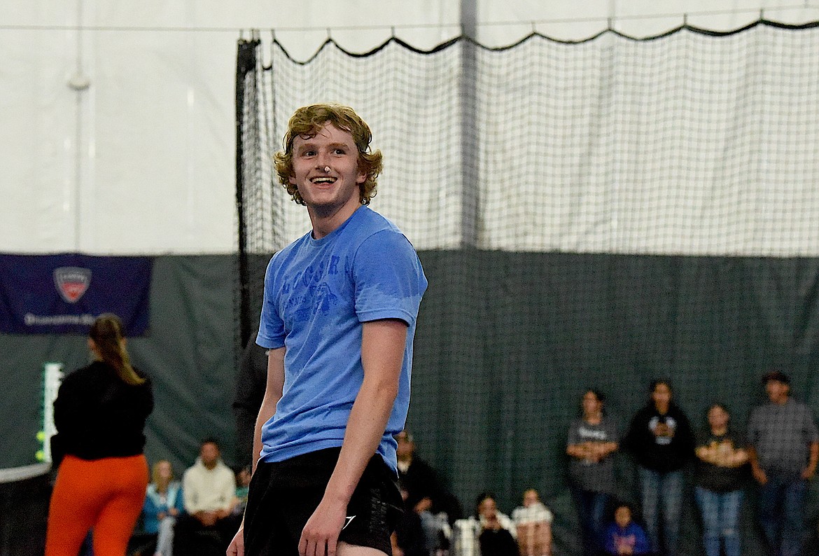 Libby's Ryan Beagle smiles after beating Polson's Torin Ellis to win the Montana Class A tennis singles championships Friday, May 24, 2024. (Scott Shindledecker/The Western News)