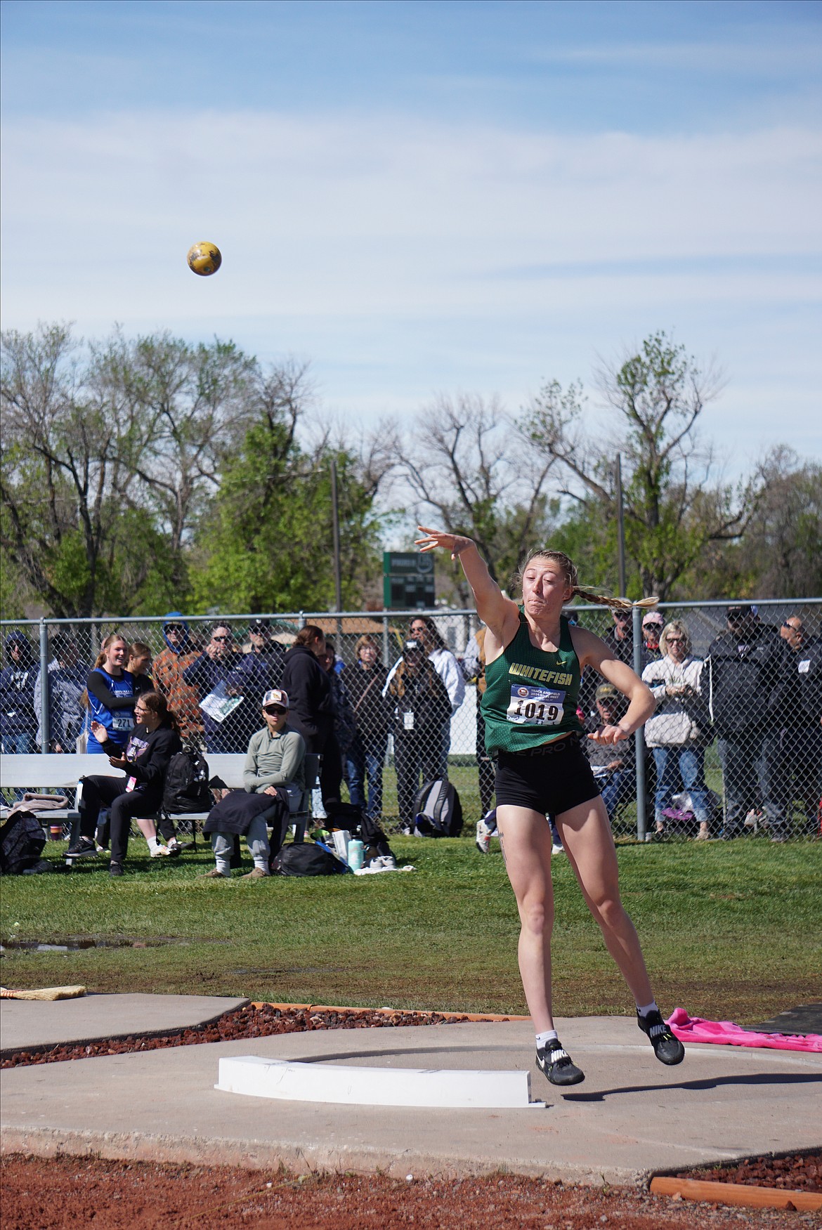 Senior Brooke Zetooney competes in the Women's Class A Shot Put at the state meet in Laurel on Friday. She would later end the day with a put of 35' 8" placing her 9th overall. (Matt Weller Photo)