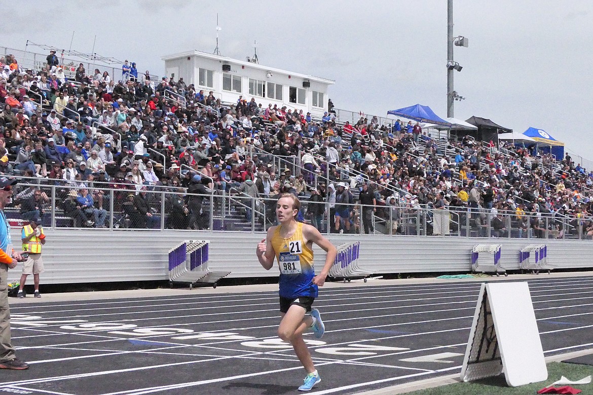 Thompson Falls senior Cael Thilmony competes in the 1600 meter run during the State Class A-B championships held at the Laurel Sports Complex this past weekend. (Chuck Bandel/VP-MI)