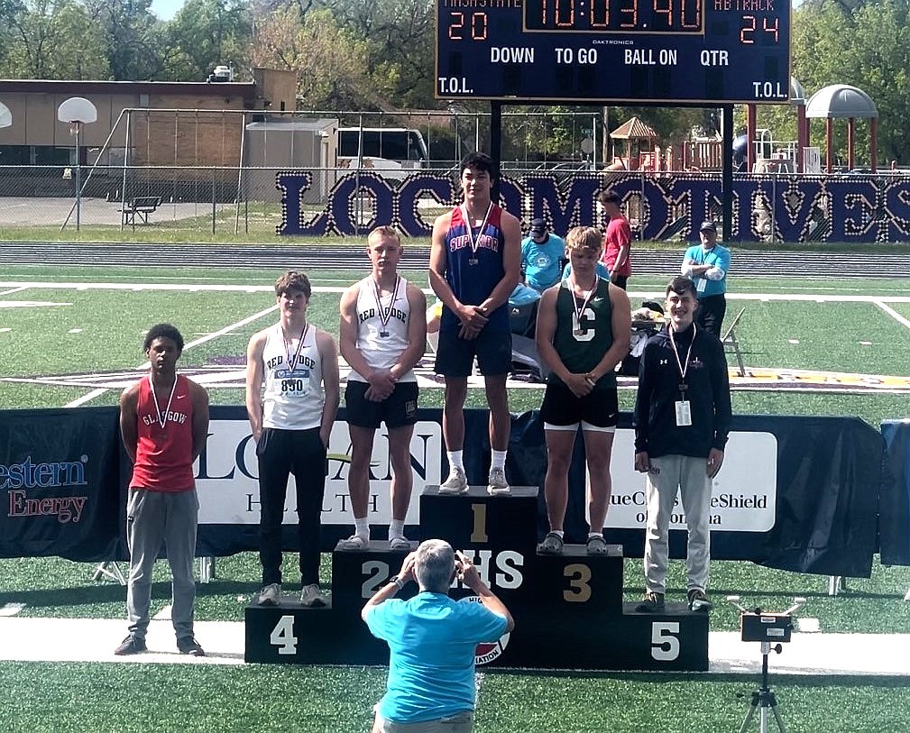 Superior senior Lucas Kovasky stands atop the medals podium after winning the Class B pole vault championship at the State track and field championship A-B meet this past weekend in Laurel.   (Photo by Byron Quinlan)