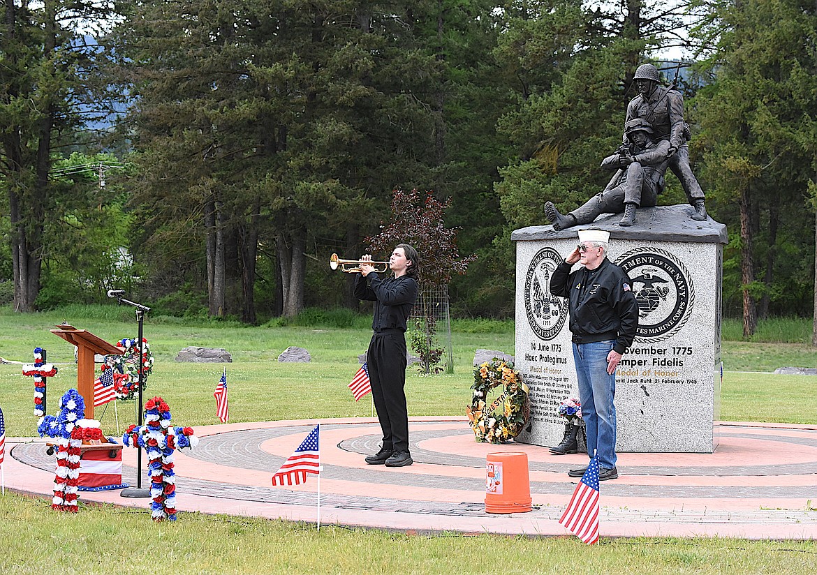 Libby High School freshman Riley Stoltz played "Taps" at the conclusion of the Memorial Day program on May 27, 2024, at River Front Park in Libby. (Scott Shindledecker/The Western News)
