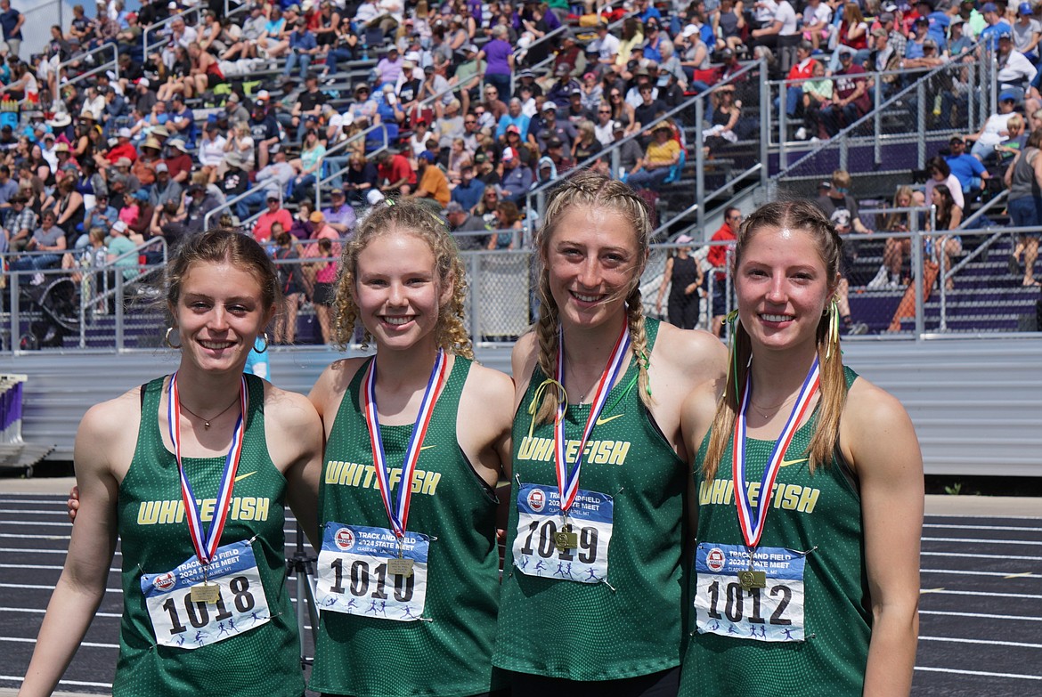 Anna Boysen, Hailey Ells, Brooke Zetooney and Rachel Wilmot had dominating performances in the sprint relays at the MHSA State Track Meet on Saturday. (Matt Weller Photo)