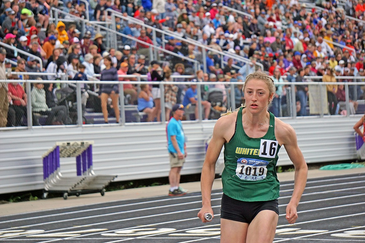 Brooke Zetooney in the Women's 4X400 relay at the MHSA State Track Meet on Saturday. (Matt Weller Photo)