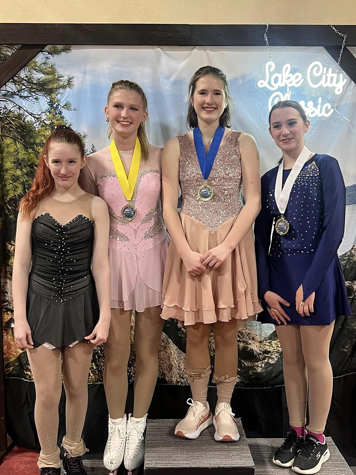 Courtesy photo
From left, Peyton Schultz, Savannah Mortimer, Anya Newcombe and Elizabeth Davis, part of the Lake City Figure Skating program of the Spokane Figure Skating Club, which hosted the Lake City Classic on May 17-19 at the Frontier Ice Arena in Coeur d'Alene.