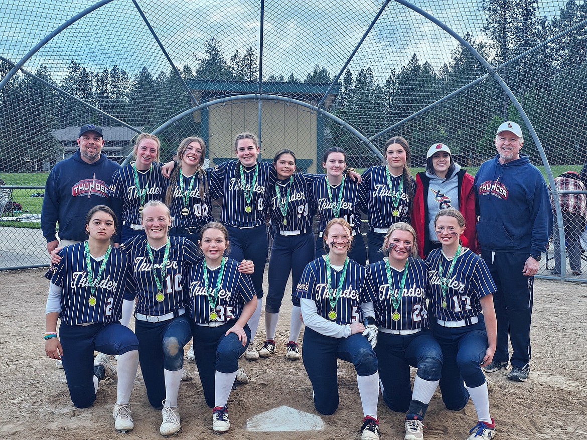 Courtesy photo
The 14U Lake City Thunder-Schultze girls fastpitch softball team took first place in the Gold Bracket at the Early Bird tournament last weekend in Coeur d'Alene. In the front row from left are Kulani Peahu, Jaya Felix, Shayne McGowan, Allison Grantham, Sophia Gum and Adilyn Wenglikowski; and back row from left, coach Jason Nevills, Whitney Hollen, Brooklyn Caan, Shae Jones, Abigail Helmholz, Shiloh McCoy, Ava Nevills, coach Phoebe Schultze and coach Gary Schultze.