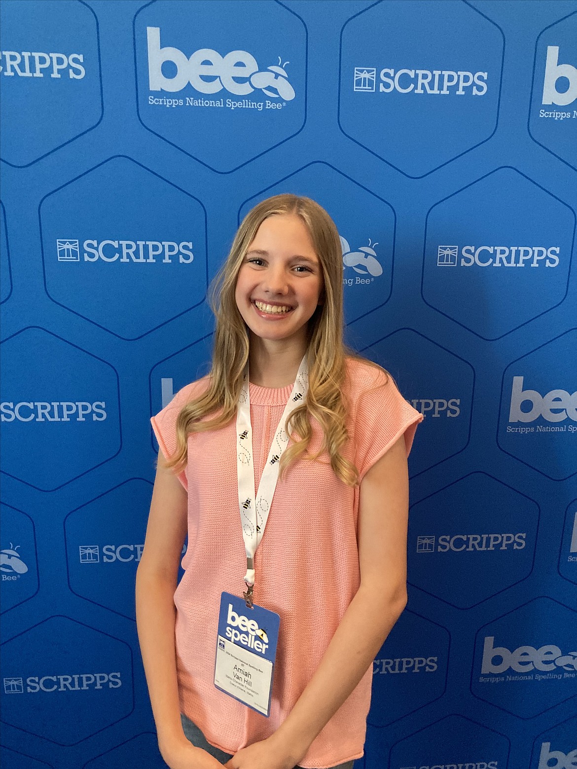 Coeur d'Alene Charter Academy eighth grader Amiah Van Hill is seen during Bee Week at the Scripps National Spelling Bee in Washington, D.C. Amiah made it to Round 3 of the competition Tuesday, but was out after misspelling the word "tirthankara."