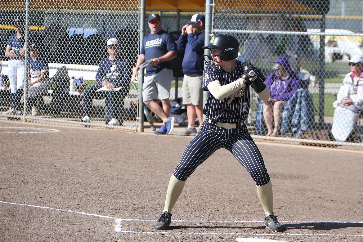 Royal junior Audrey Bergeson waits for a pitch in the batter’s box during the state semifinals against Cedar Park Christian. In the state championship game, Bergeson hit a three-run home run in the top of the second inning.