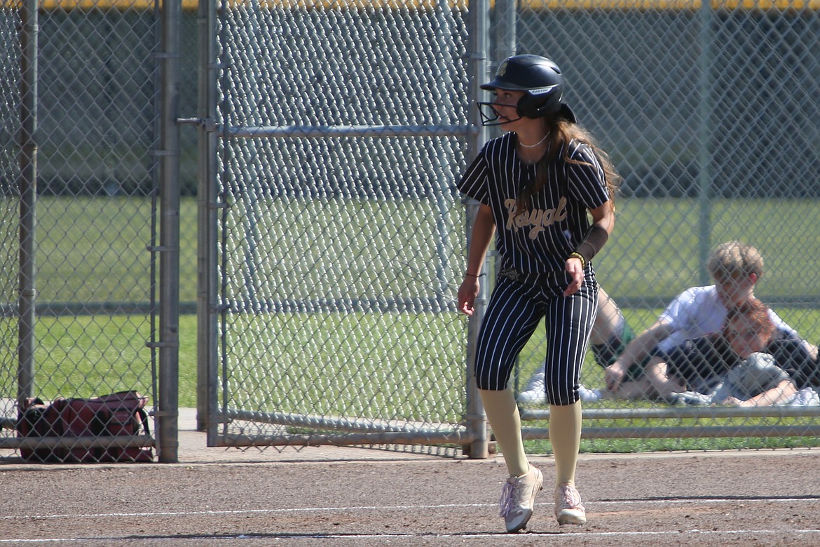 Royal senior Jaya Griffin leads off third base during Royal’s opening-round game against Klahowya on Thursday. Against Montesano in the state quarterfinals, Griffin went three-for-four at the plate, driving in two runs – both of which were team-highs.