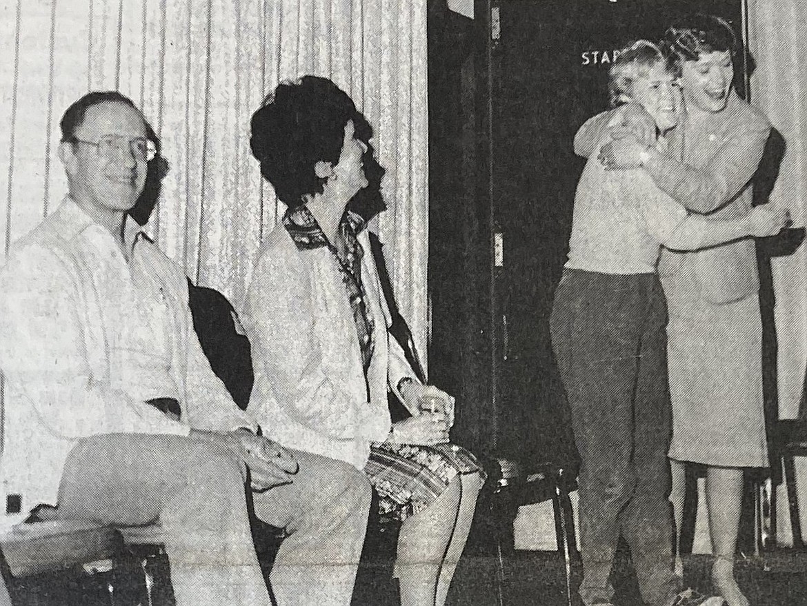 Evalyn Adams receives a congratulatory hug from her daughter, Eva Hallvik, after her 1984 GOP primary election win.