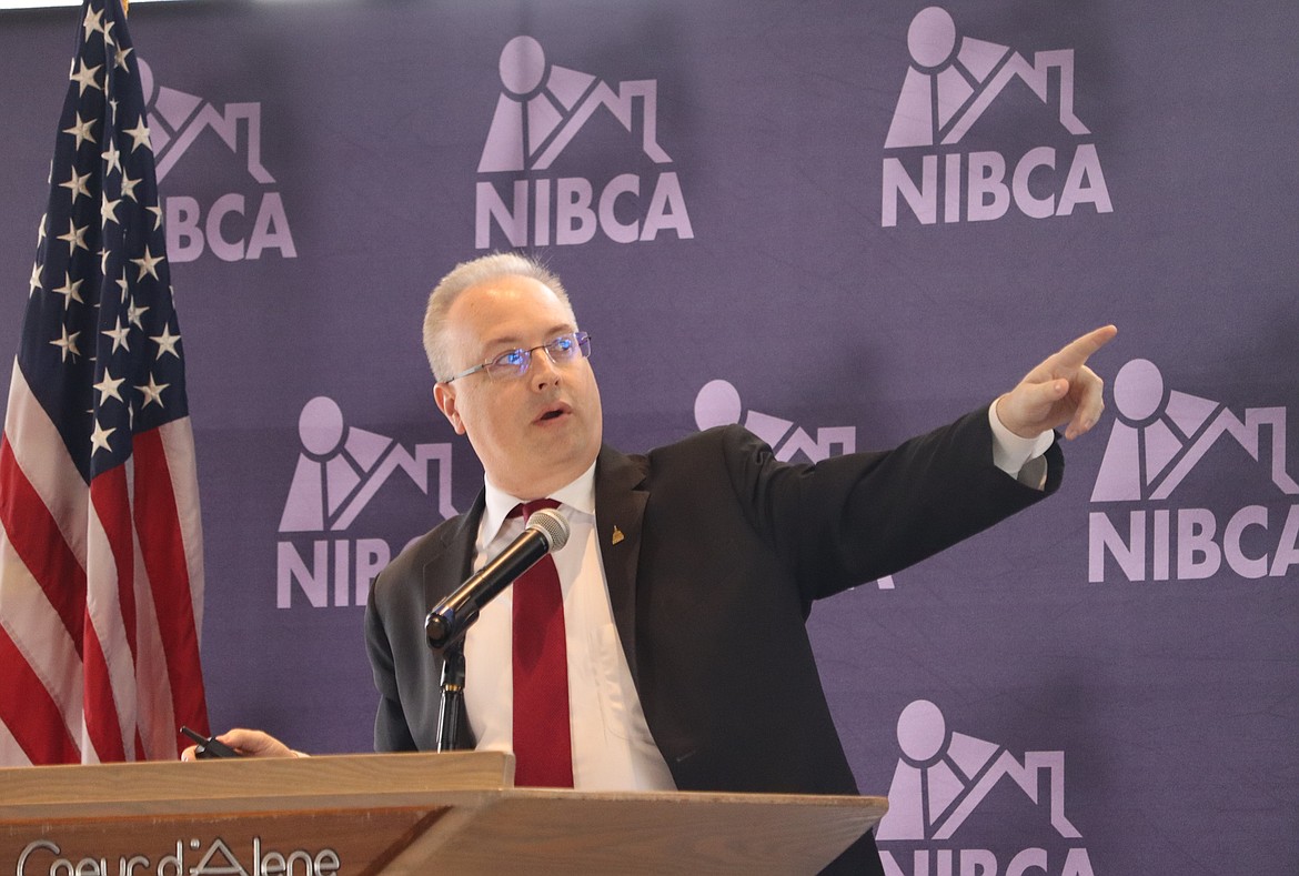 Dr. Robert Dietz, National Association of Home Builders chief economist, gestures during his talk on Wednesday at the Housing and Economic Summit at the Hagadone Event Center hosted by North Idaho Building Contractors Association.