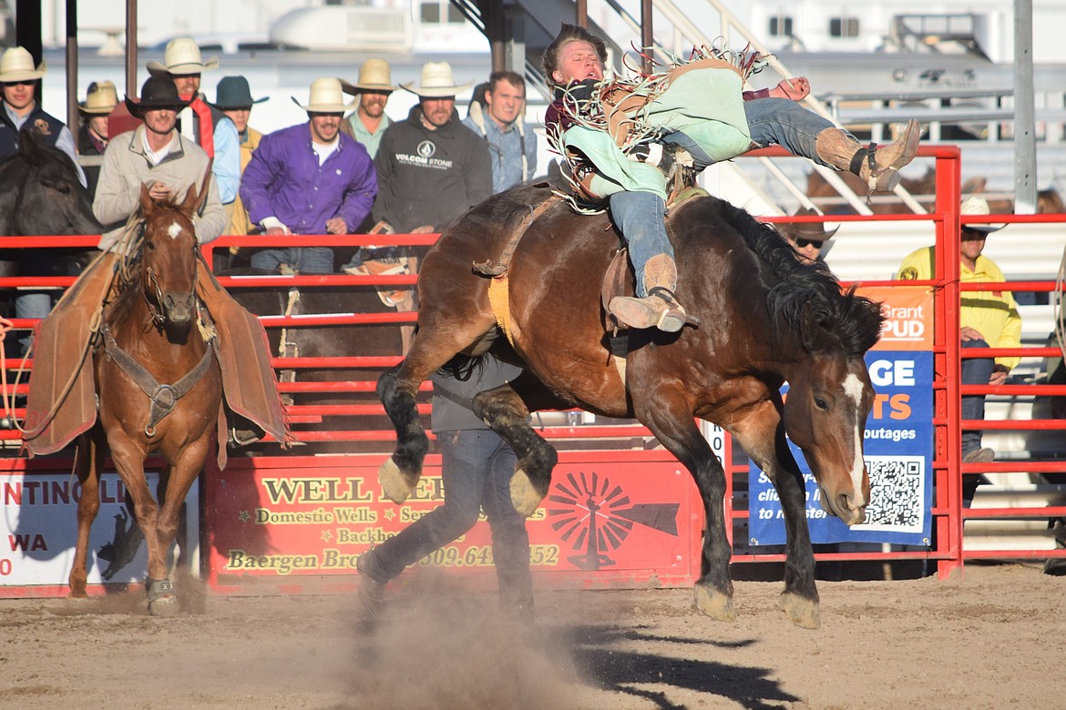 Clayton Hibler of Wheeler, Texas competes in the Last Stand Rodeo bareback riding competition Saturday evening. Hibler tied for second place for overall bareback riding during the rodeo, scoring 76.5 points.