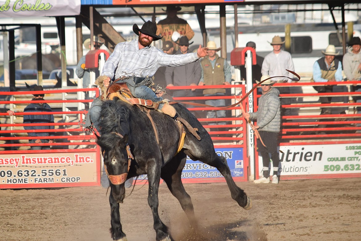 Ryan Verling of Stanfield, Oregon, competes in the saddle bronc competition Saturday at the 2024 Last Stand Rodeo in Coulee City.