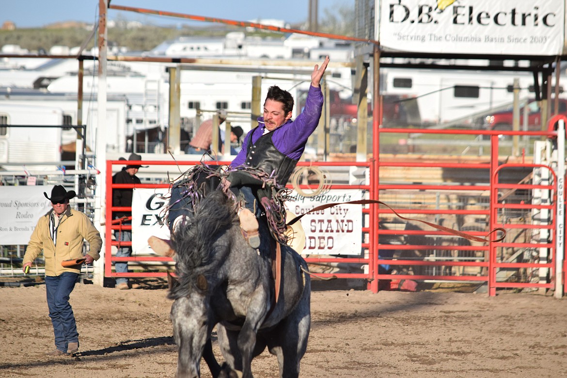 Sage Allen of Blackfoot, Idaho, competes in the bareback competition Saturday at the Last Stand Rodeo in Coulee City.