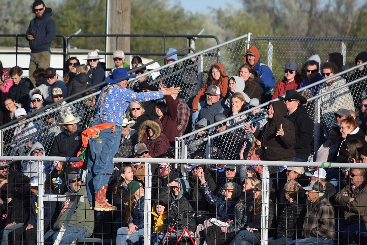 Rodeo Clown Kevin Higley entertains the crowd during the 2024 Last Stand Rodeo in Coulee City over Memorial Day weekend – Higley has attended the rodeo for 35 years.