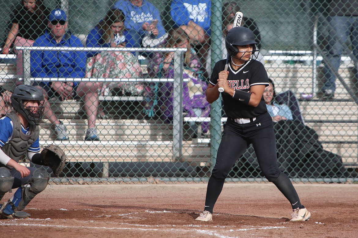 Othello senior Persayis Garza, right, waits for a pitch during Othello’s quarterfinals game against Sedro-Woolley on Friday.