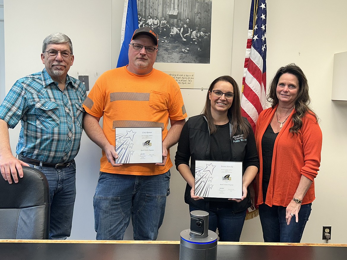 Six public works employees earned their Road Scholar certificates Wednesday after completing 80 hours of training through the Local Highway Technical Assistance Council.
Left to right:
Commissioner David Dose, Cory Renner, public works director Jessica Stutzke and Commissioner Tracy Casady.