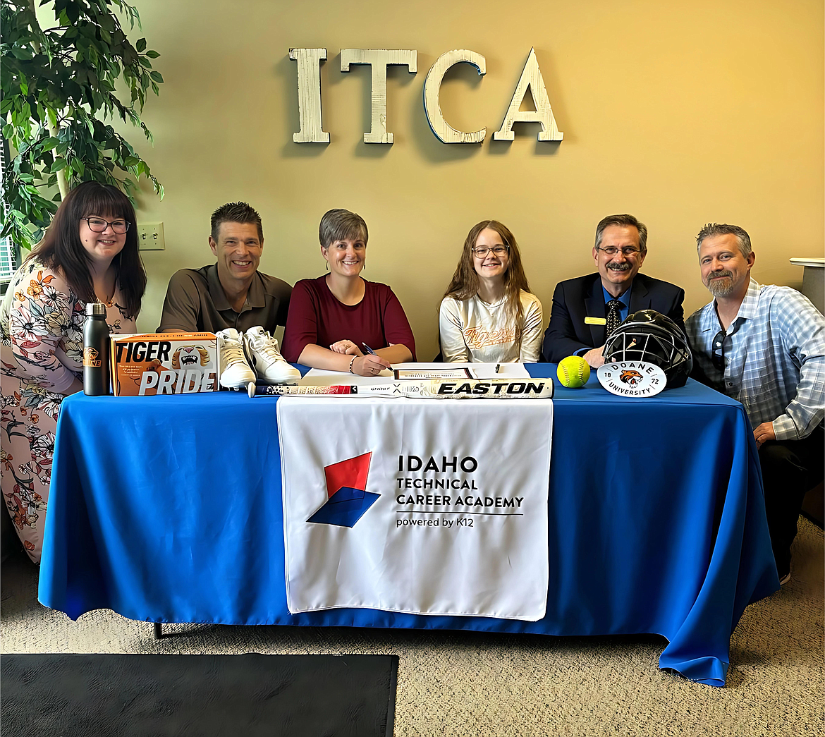 Courtesy photo
Hannah Zeilstra, a 2024 graduate of the Idaho Technical Career Academy who competed for Lakeland High, recently signed a letter of intent to play softball at NAIA Doane University in Crete, Neb. From left are Lindsay Zeilstra (mother), 
Eric Olson (ITCA principal), Tami Perez (ITCA CTE Coordinator), Hannah Zeilstra, 
Monti Pittman (ITCA Executive Director), and Mark Zeilstra (father).