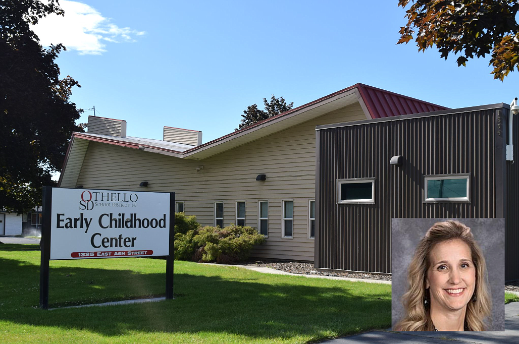 Exterior of the Othello School District Early Childhood Center, led by its director, Jennifer Garza, inset, who presented on how the Othello Preschool is doing during Tuesday’s regular Othello School Board meeting.