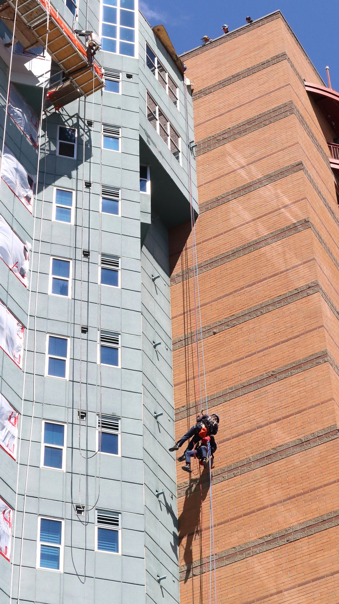 Coeur d'Alene firefighters conduct rescue training at McEuen Terrace on Thursday.