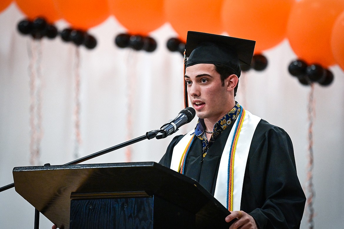 Senior class president Jaden Williams welcomes the crowd to the Flathead High School class of 2024 graduation ceremony on Friday, May 31. (Casey Kreider/Daily Inter Lake)